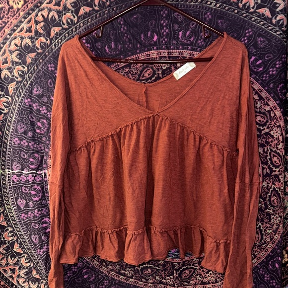 Altar'd State Brown Ruffled Long Sleeve Blouse - Picture 1 of 4
